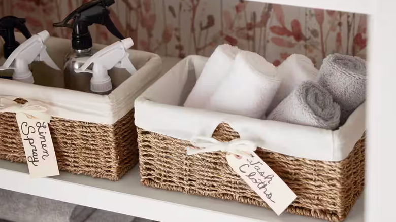 Two lined woven baskets full of towels and spray bottles sit next to each other on a white shelf