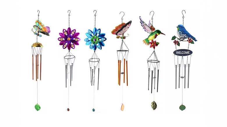 Several colorful wind chimes are shown in a detail shot