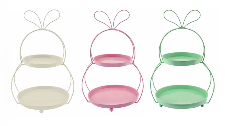 Three pastel foldable tiered trays with bunny ears on display