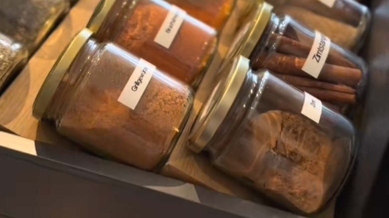 Angled oak wood spice drawer made of IKEA MOSSLANDA picture ledges