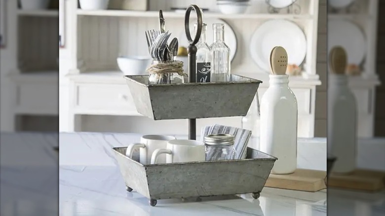 A tiered organizer made from rectangular metal bases