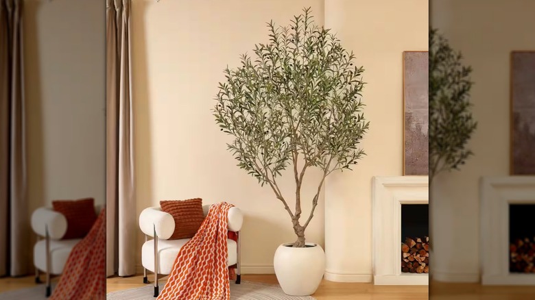 A large faux olive tree sits next to an armchair in a neutral living room