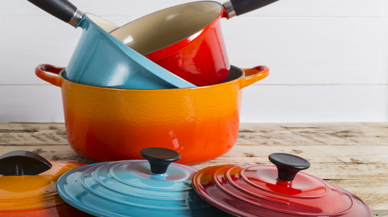 Colorful array of enamel cookware