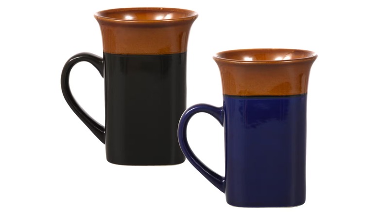 Blue and black two-tone square stoneware mugs with flared rim from Dollar Tree