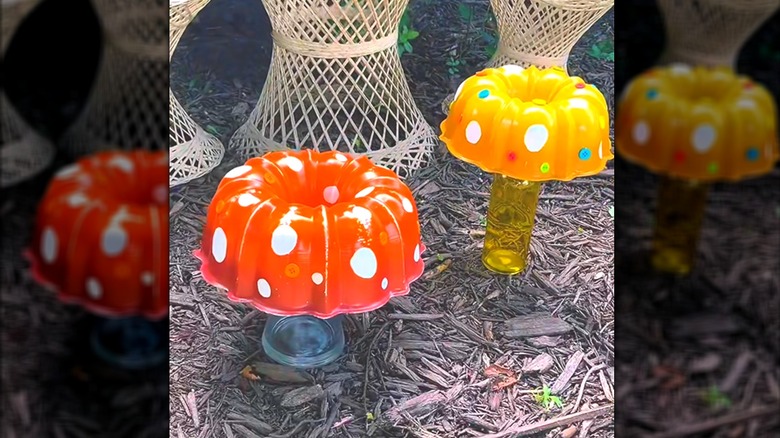 Decorated Bundt pans as eclectic mushroom garden decor