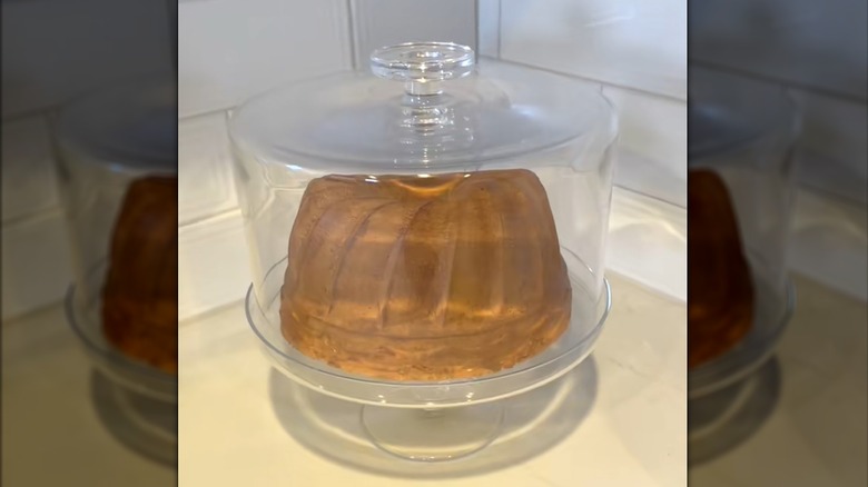 Foam Bundt pan encased in plastic cake display in kitchen corner with white backsplash