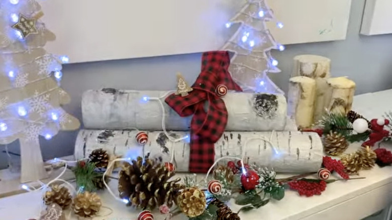 Birch log decorations made out of pool noodles