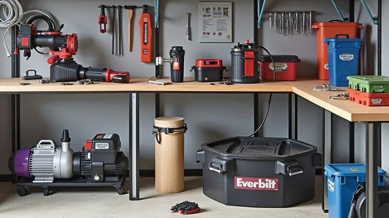 Everbilt equipment is displayed in an organized workshop