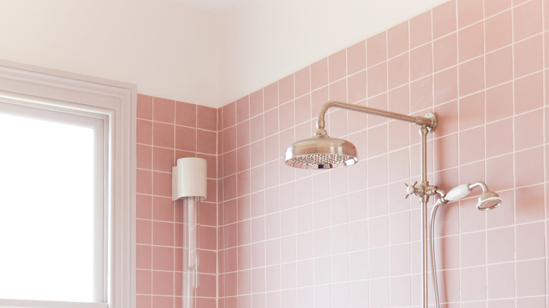 pink bathroom with freestanding bathtub and exposed plumbing