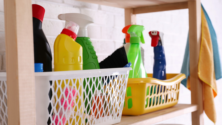 A variety of cleaning products sit on a shelf in a garage