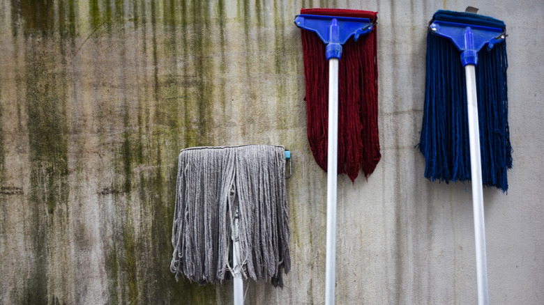 Three colored mop heads sit against a grungy garage wall