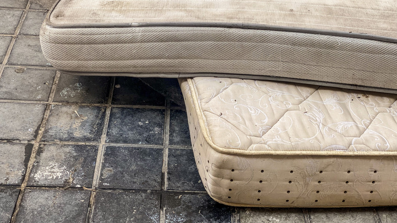 Two old mattresses sit on a dirty garage floor