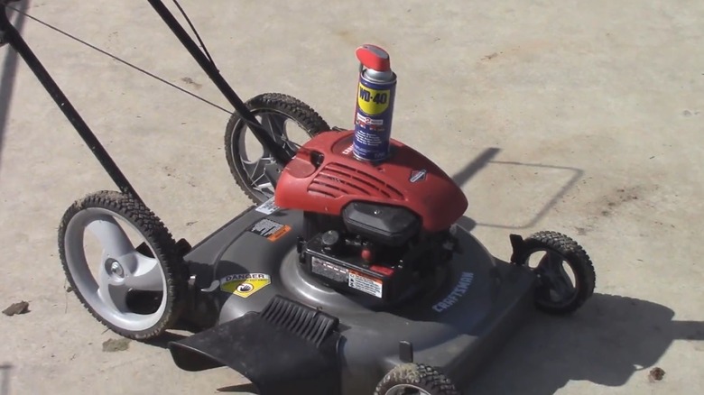 WD-40 on top of  red push lawn mower