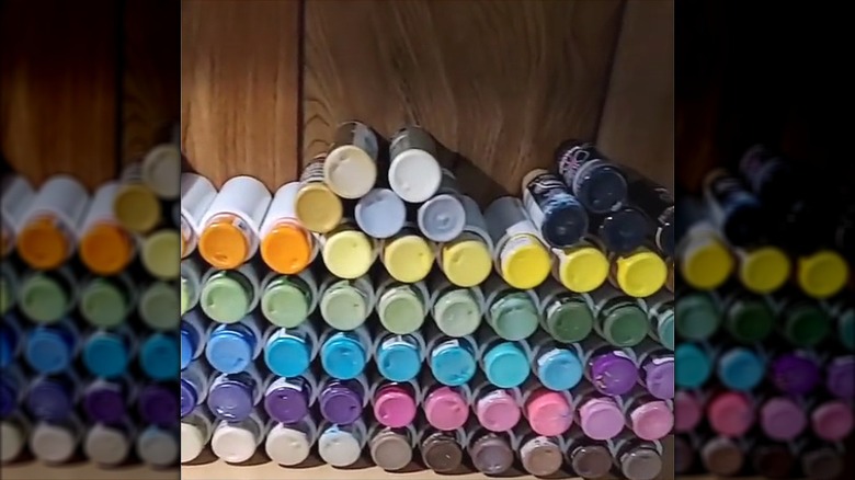 Large spray paint collection organized by color in DIY PVC pipe organizer