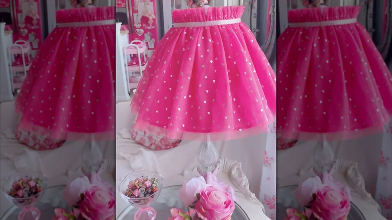 Pink child's tutu skirt repurposed as lampshade