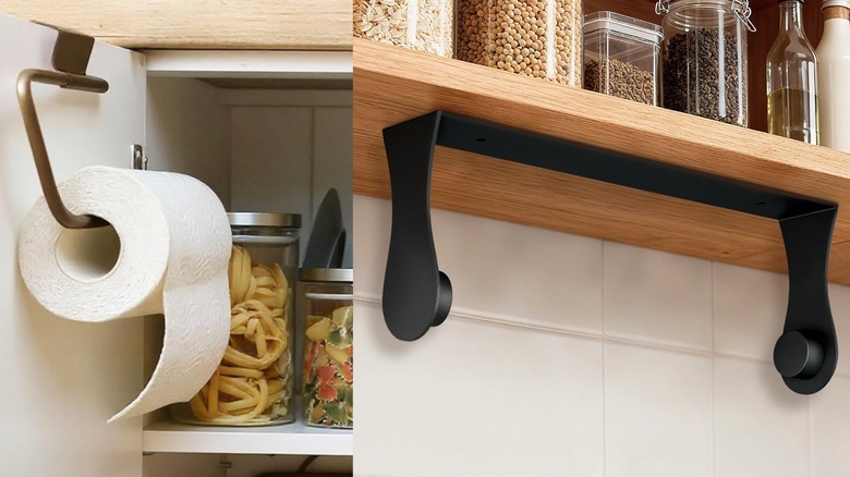A split view of an over-the-cabinet-door paper towel holder and an under-cabinet paper towel holder