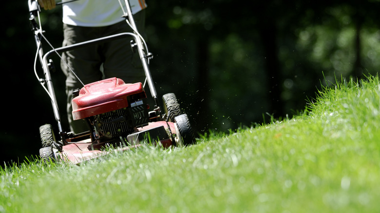 Person mowing over hilly grass lawn