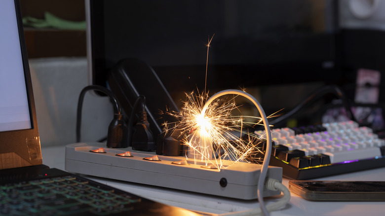 Short circuiting spark from an extension cord next to a computer