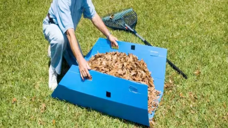Person using the Leaf Easy Leaf Scoop.