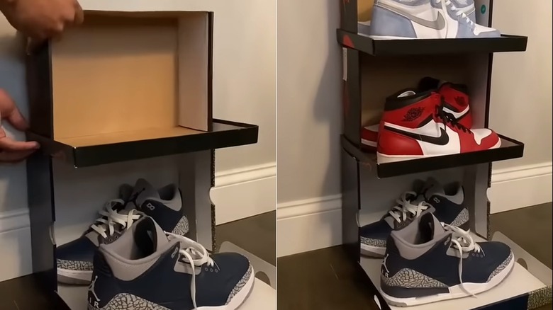 A splitview of someone stacking shoe boxes and a tower of shoes in boxes