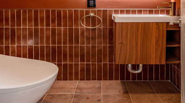 vertical terracotta subway tile bathroom wall tile and backsplash