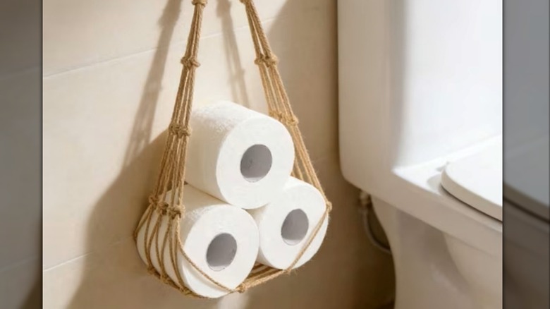 Homemade macrame toilet paper holders with toilet paper