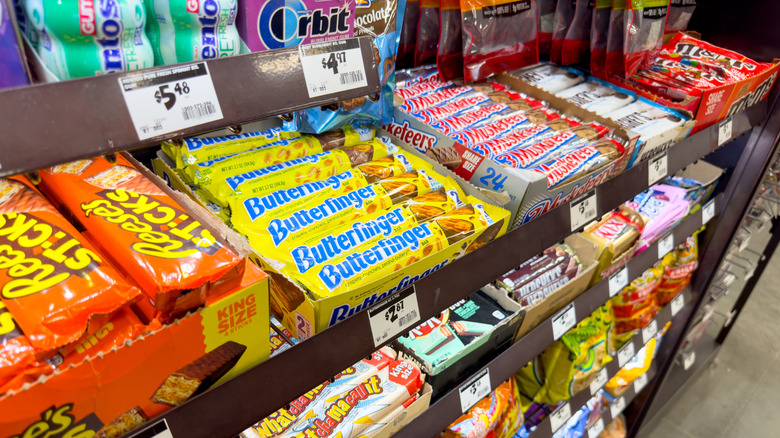 Selection of expensive candy in a store check-out lane