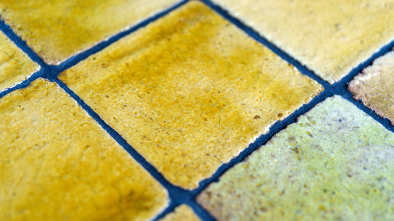 close-up of tile with blue grout
