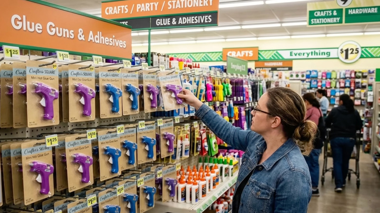 A woman reaches for a glue gun on display in a Dollar Tree craft aisle