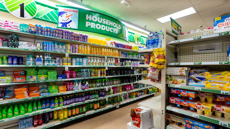 Cleaning supply bottles sit on the shelves at Dollar Tree