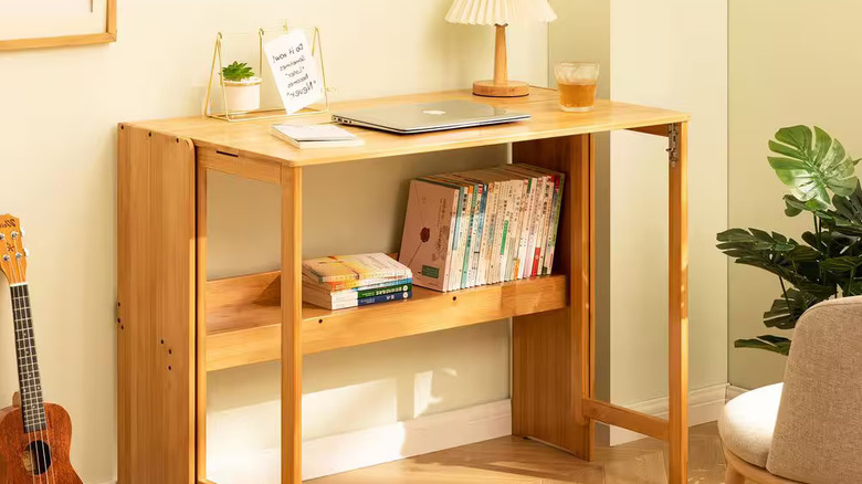 Seafuloy rectangular natural wood bamboo top folding office table with storage