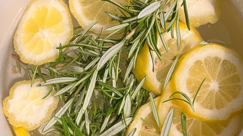 Lemon slices and rosemary in simmer pot