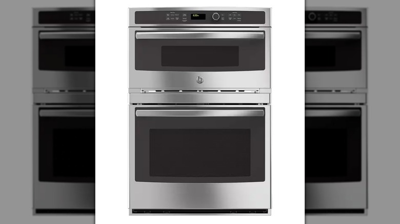 A GE 30-inch double electric wall oven is shown in a product shot