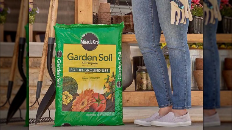 A woman stands outside next to a bag of Miracle-Gro All Purpose Garden Soil