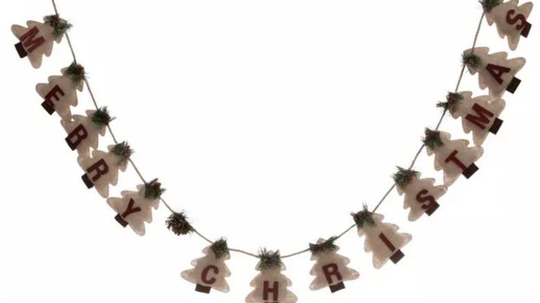 Banner of burlap christmas trees with Merry Christmas printed on them