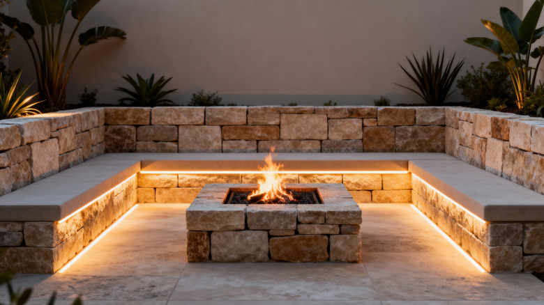 A fire pit seating area with hidden strip lighting and soft hidden yard lights illuminating plants in the background