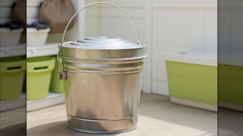 A galvanized steel pail sits on a light wooden deck.