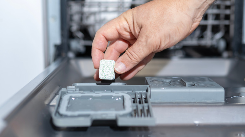 A person putting a dishwasher cleaner tablet into a dishwasher