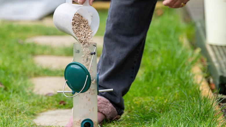 Man pouring birdseed in a feeder