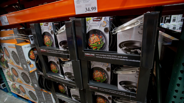 Cookware sets on display in a Costco warehouse