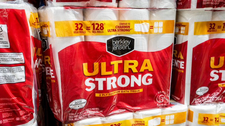 A large pack of toilet paper rolls in a store
