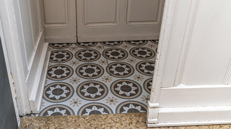 Small decorative tiles in the entryway of a house