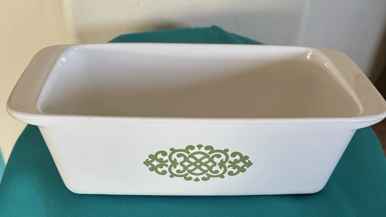 vintage green and white casserole dish