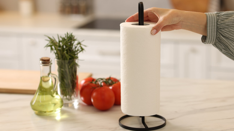 Hand placing a roll of paper towels onto holder in kitchen