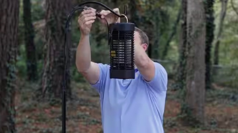 Man setting up bug zapper in wooded area