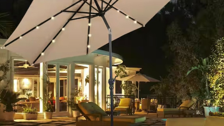 Patio umbrella with LED lights shown at night