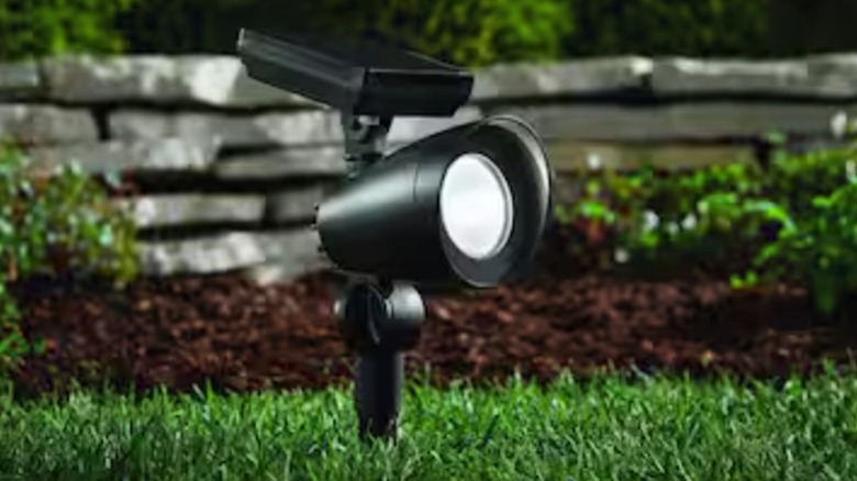 Solar spotlight on lawn in front of stone wall