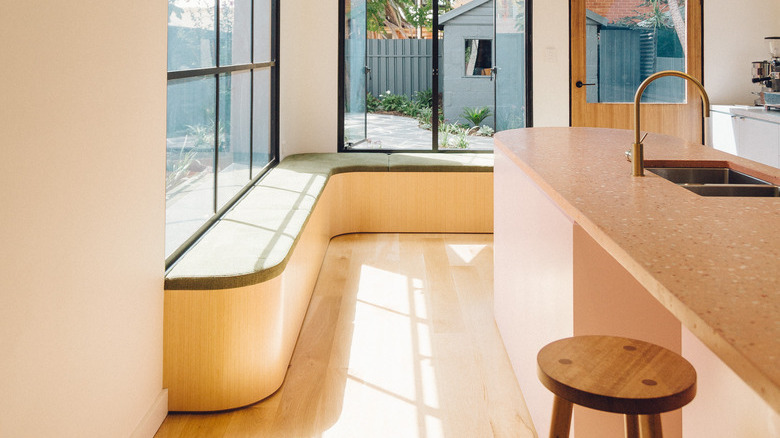 modern kitchen with two large window bench