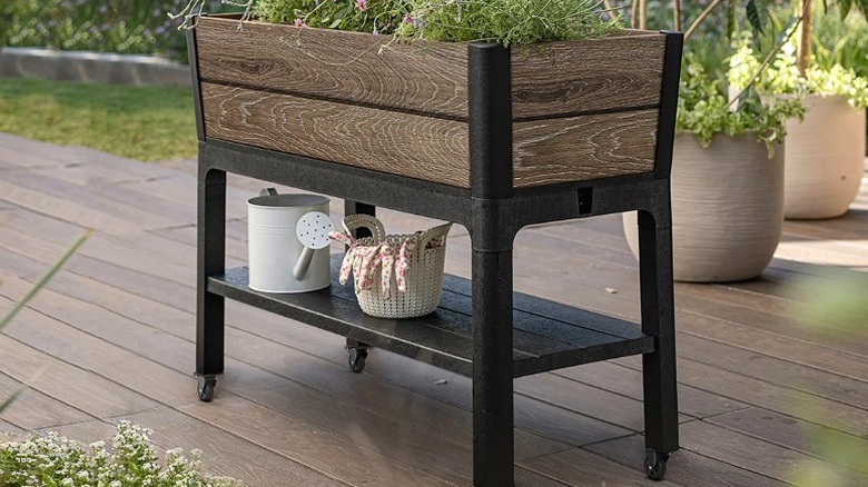 A raised bed planter on a patio with a watering can and accessories underneath