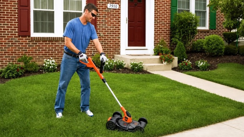 Man cutting his grass with the Black and Decker lawn mower